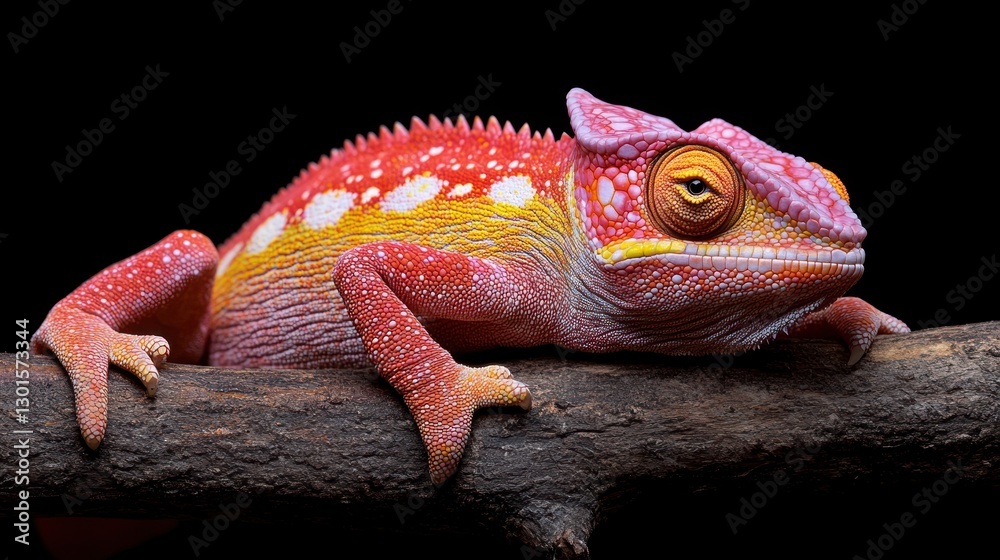 Fototapeta premium Colorful chameleon perched on branch, studio shot, black background
