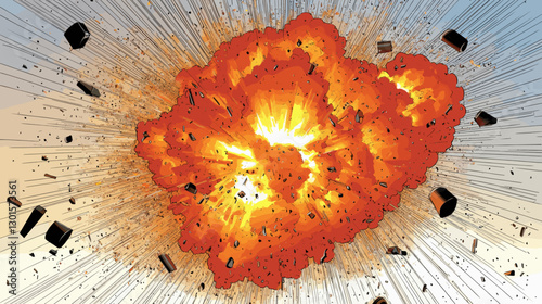 Dynamic Comic Style Explosion with Fiery Blast and Debris in Motion, Capturing Intense Energy and Movement for Action-Packed Visual Impact and Thrilling Design