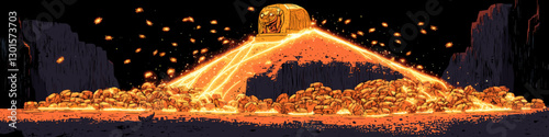Epic Glowing Treasure Chest on Lava Piles in Dark Cave Fantasy Art - Sparkling Gold Burst, Adventure Scene, Magical Torrent, Enchanted Art, Mystical Glowing Treasure Chest
