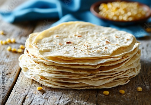 A beautifully stacked pile of freshly made tortillas sits on a rustic wooden table, showcasing their soft texture and golden brown spots