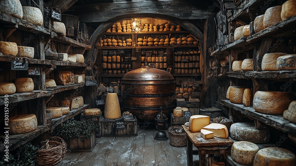 Fototapeta premium a rustic and atmospheric depiction of a traditional cheesemaking workshop, where wooden shelves are lined with massive wheels of aging cheese, their rough, golden rinds bearing faint traces of wax. at