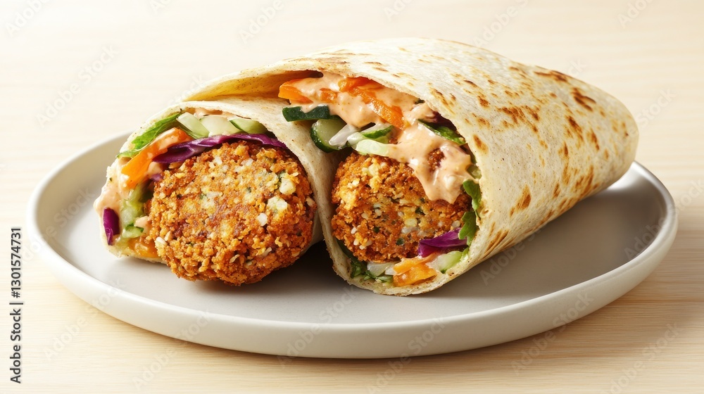 Delicious falafel wrap on plate, light wooden background Delicious falafel wrap on plate, light wooden background