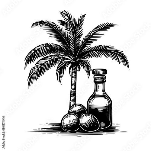 Engraved illustration featuring a palm tree, bottle, and eggs in a tropical setting, capturing the essence of natural ingredients