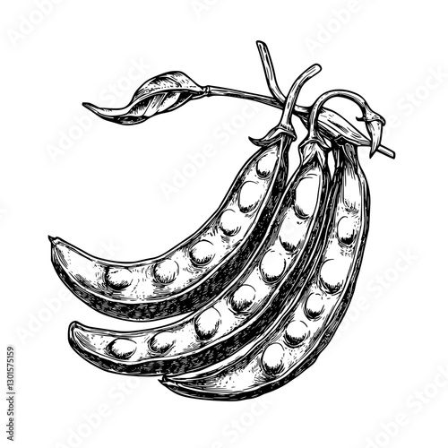 Engraved illustration of pea pods with leaves showcasing fresh edible vegetables in a minimalist style
