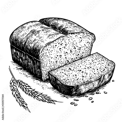 Handcrafted bread loaf illustration with a slice and wheat grains around