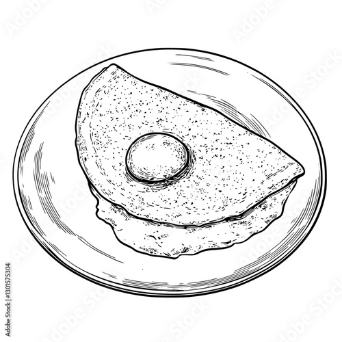 Detailed engraving of a classic omelet served on a plate with a visible egg yolk in the center