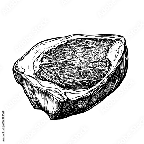 Detailed engraving of a raw steak showcasing natural textures and shapes for culinary illustration