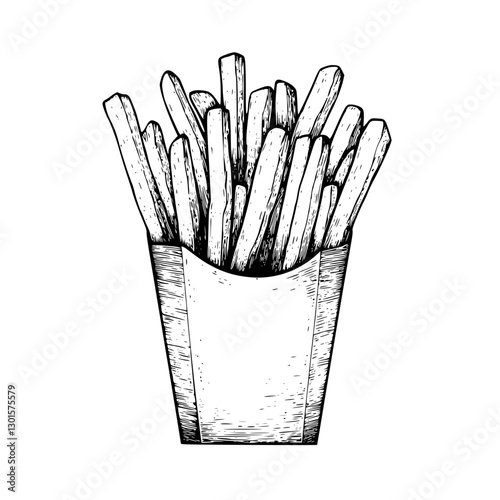 Engraved illustration of a cone filled with crispy French fries in a simple design