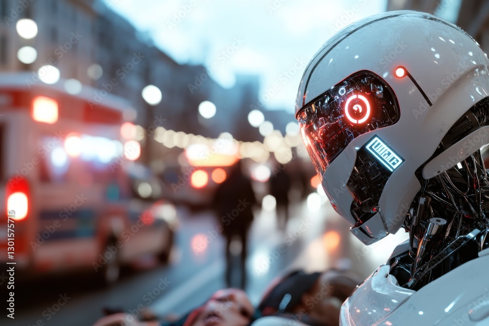 A striking image of a sleek robot in an urban environment, observing an emergency scenario, merging technology with city life, highlighting innovation and advanced AI capabilities. A striking image of a sleek robot in an urban environment, observing an emergency scenario, merging technology with city life, highlighting innovation and advanced AI capabilities.