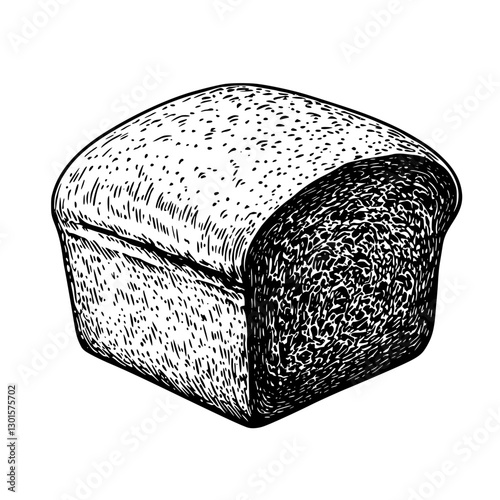 Engraved illustration of a loaf of bread against a simple background showcasing the textures and contours of the baked good