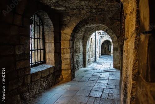 Narrow stone corridor with arched ceilings in ancient building