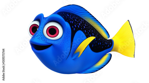 Beautiful blue tang fish (like Dory) with vibrant colors, tropical ocean life, isolated on white background, PNG format 