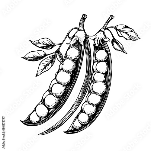 Engraved vector illustration of green pea pods with leaves and fresh peas on a white background