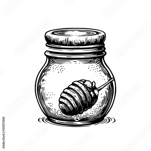 Engraved illustration of a honey jar with a dipper showcasing the essence of natural sweetness