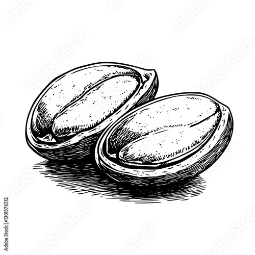 Detailed engraved illustration of two open pistachio shells showcasing texture and form in a vector style design