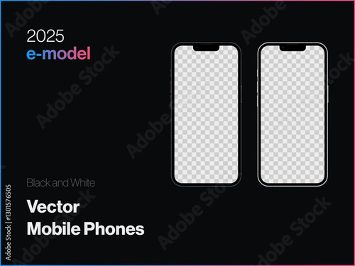 Black and white vector mobile phones with transparent screens. New generation of smartphones, ideal for ui, ux and mockups.