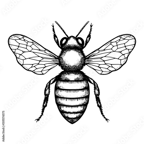 Intricate engraved illustration of a bee in detailed vector style showcasing its wings and body structure