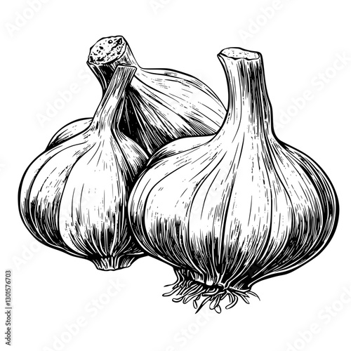 Detailed engraved illustration of garlic bulbs showcasing the textures and shapes typical of freshly harvested produce