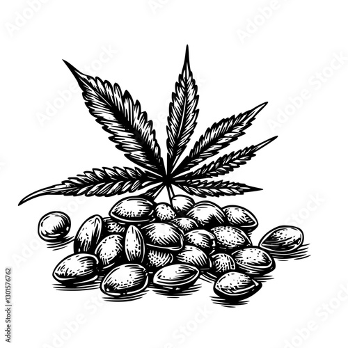 Engraved illustration of hemp seeds with detailed cannabis leaf design in black and white vector art