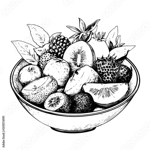 Engraved illustration of a fruit bowl filled with various fresh fruits and leaves, showcasing nature's bounty in a simple design
