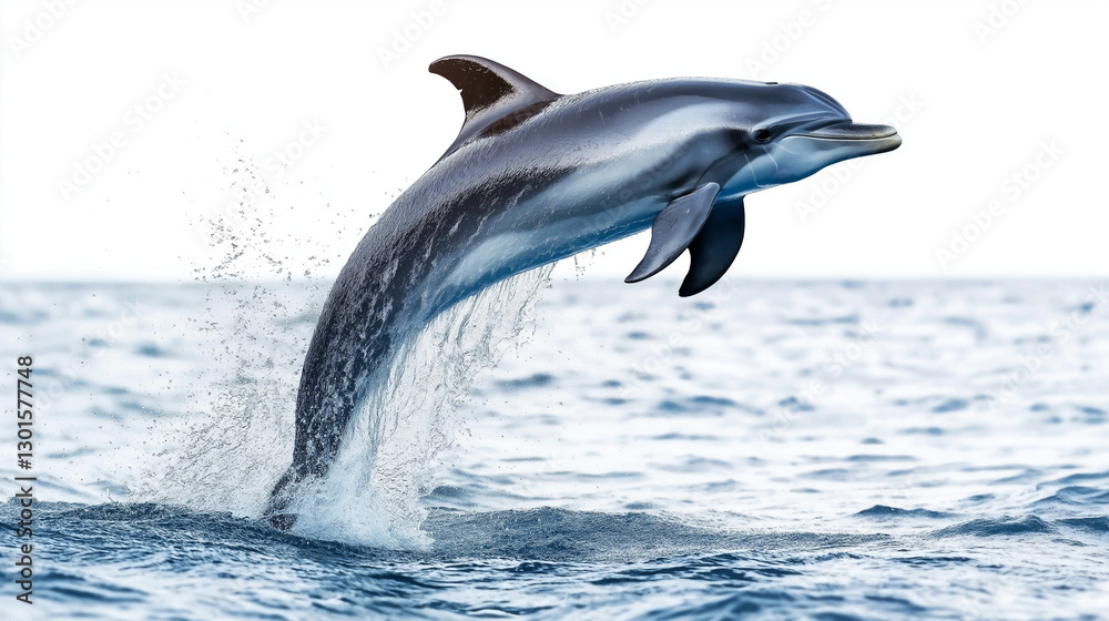 Fototapeta premium Curious dolphin leaping out of water, joyful summer scene, isolated on white background, PNG format