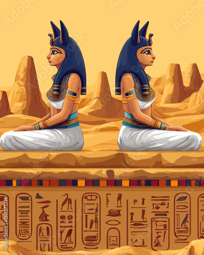 Ancient Egyptian Art with Twin Goddesses, Desert, Hieroglyphs, Traditional Attire, and Historical Symbols in a Mystical Landscape of Egypt