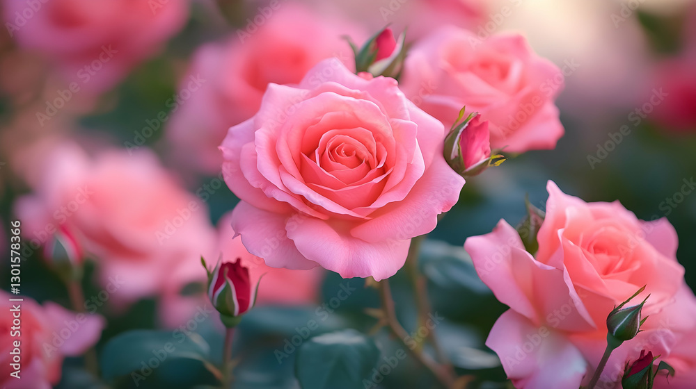 Close-up of vibrant pink roses in full bloom, with a softly blurred background enhancing their natural beauty Close-up of vibrant pink roses in full bloom, with a softly blurred background enhancing their natural beauty