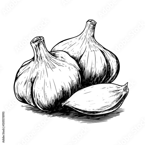 Engraved illustration of garlic bulbs and cloves on a white background showcasing intricate vector details