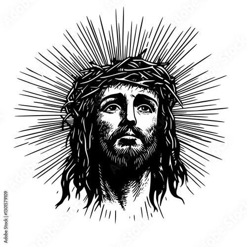 Engraved illustration of Jesus Christ with a crown of thorns and radiant rays around his head
