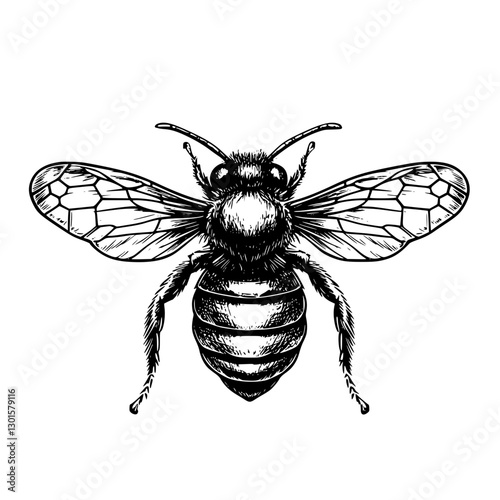 Engraved illustration of a detailed bee with intricate wing and body features