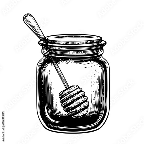 Engraved illustration of a honey jar with a dipper showcasing honey collection