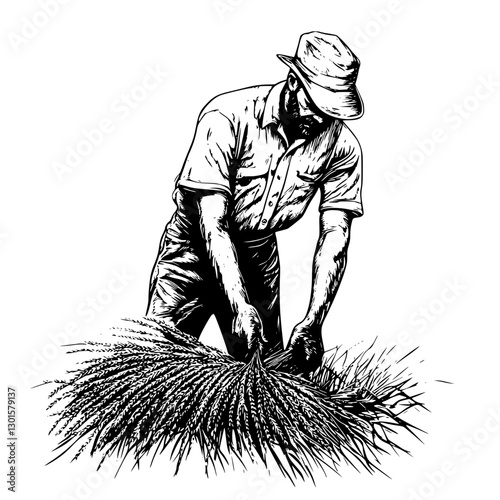 Engraved illustration of a farmer harvesting wheat in a rural setting during the afternoon