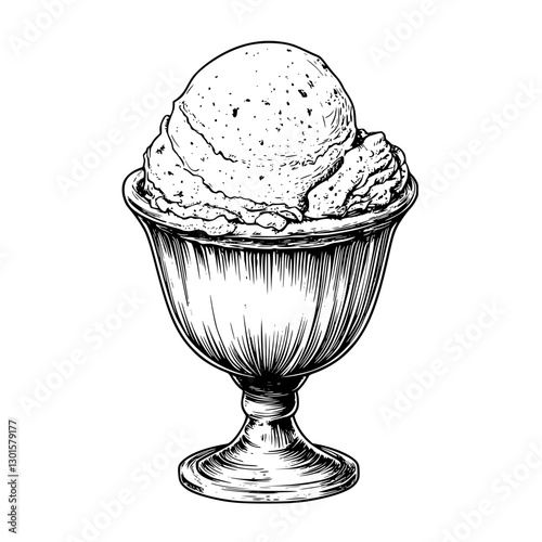 Engraved illustration of a classic ice cream sundae in a decorative cup with a round scoop on top