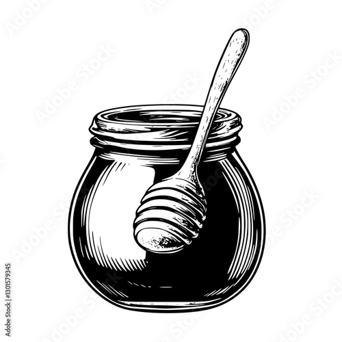 Engraved vector illustration of a honey jar with a wooden dipper in a traditional style