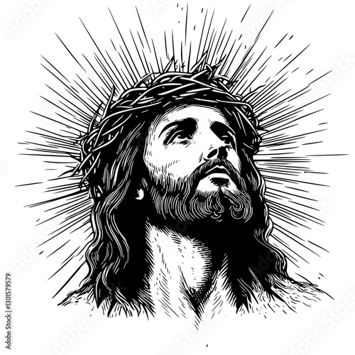 Engraved illustration of a crowned Jesus with radiant light emanating from his head