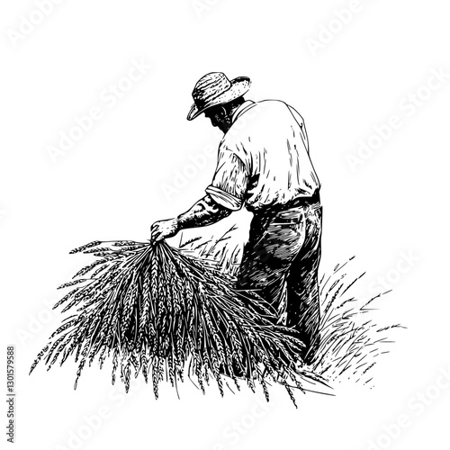 Engraved illustration of a farmer harvesting wheat in a rural setting during the day