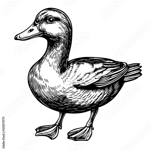 Engraved illustration of a standing duck, showcasing intricate details in feathers and posture