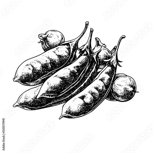 Engraved vector illustration of green peas and pods arranged artistically