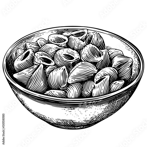 Engraved illustration of pasta in a bowl showcasing traditional cooking ingredients and culinary art