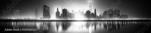 A Spectacular Black and White Cityscape Featuring Towering Skyscrapers and Lights. Generative AI photo