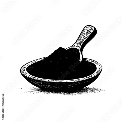 Engraved illustration of a bowl filled with black powder and a wooden scoop resting on the side