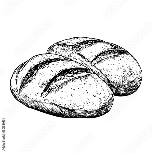 Engraved illustration of freshly baked bread loaves on a rustic background