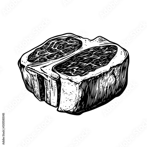 Detailed engraved illustration of a raw beef steak with marbled texture and distinct cuts