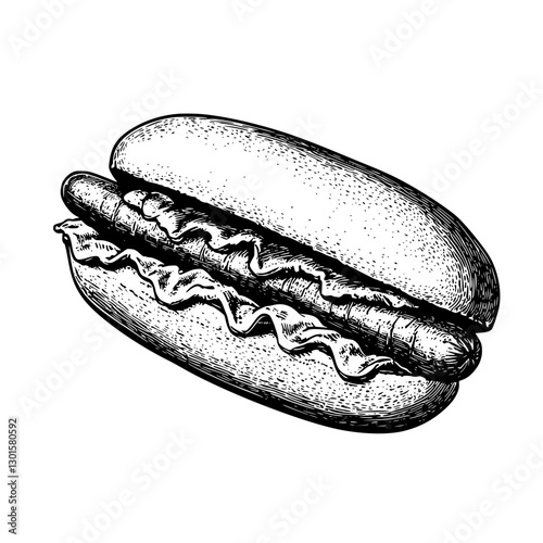 Engraved illustration of a classic hot dog with condiments on a bun