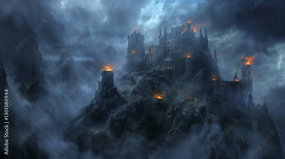 Obraz premium A fantasy castle perched on a mountain peak, surrounded by swirling mist that adds an air of mystery and enchantment. The ancient stone walls of the castle stand strong, their texture detailed and wea