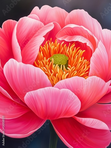 Pink Peony Bloom - Close-up of a vibrant pink peony flower, showcasing intricate details of its petals and vibrant orange center photo