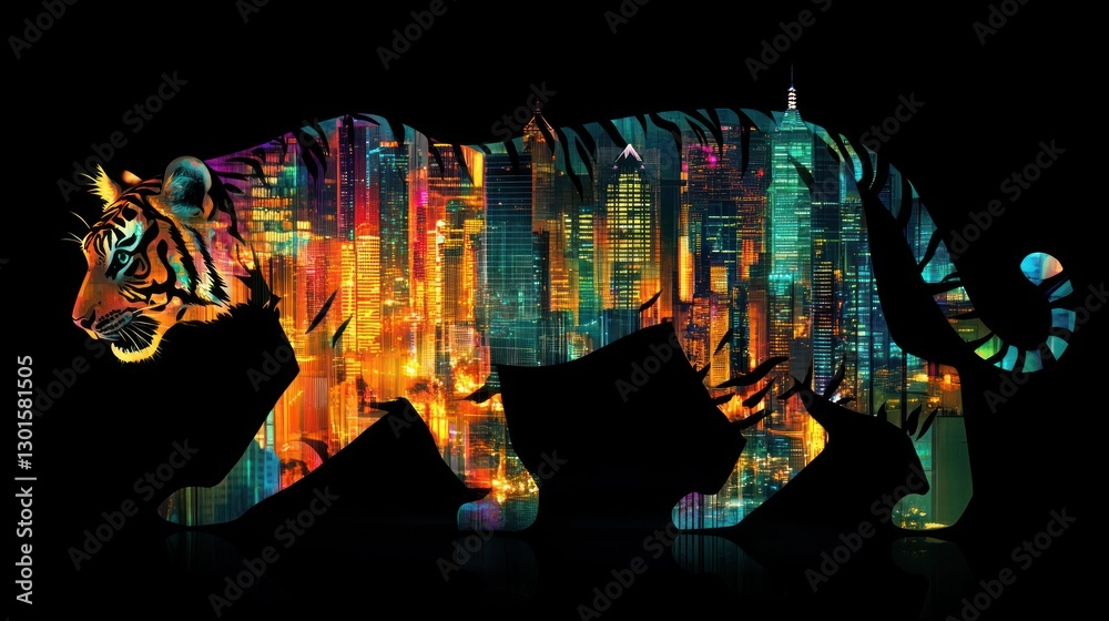 Fototapeta premium Tiger silhouette with city lights, walking, night scene