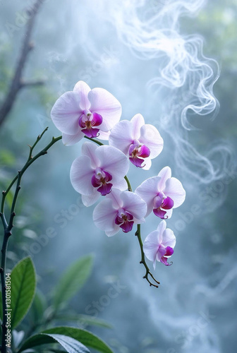 Beautiful orchids with pink centers surrounded by mist and smoke
