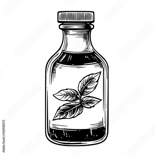 Detailed vector engraving of a glass bottle containing herbal essence with leaves, perfect for wellness illustrations