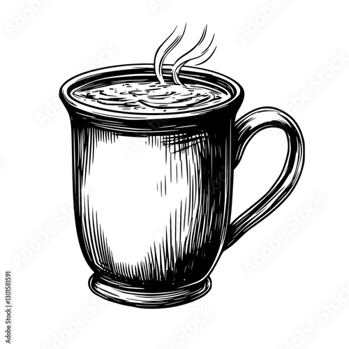 Engraved vector illustration of a steaming mug filled with beverage in a rustic style